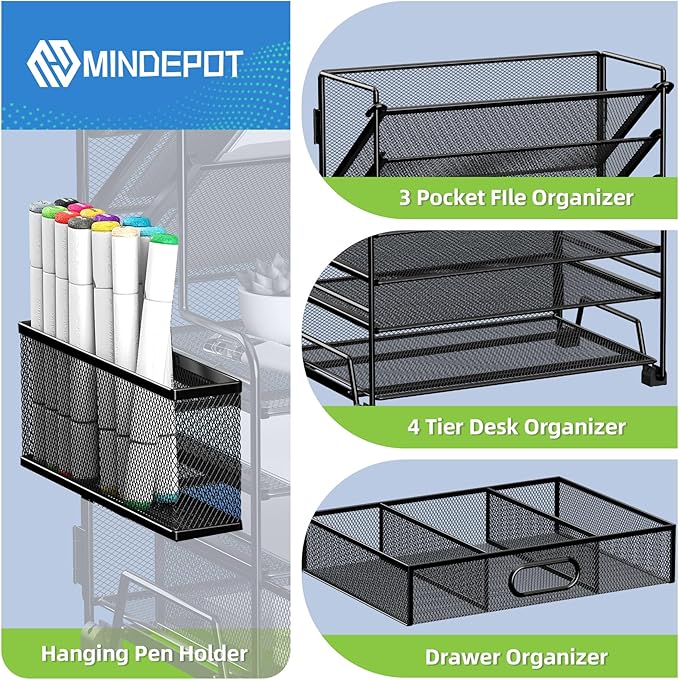 MINDEPOT 3-Tier Paper Organizer + 2-Pocket File Holder, Desktop File Organizers Paper Tray for Office School Classroom Workspace Organization