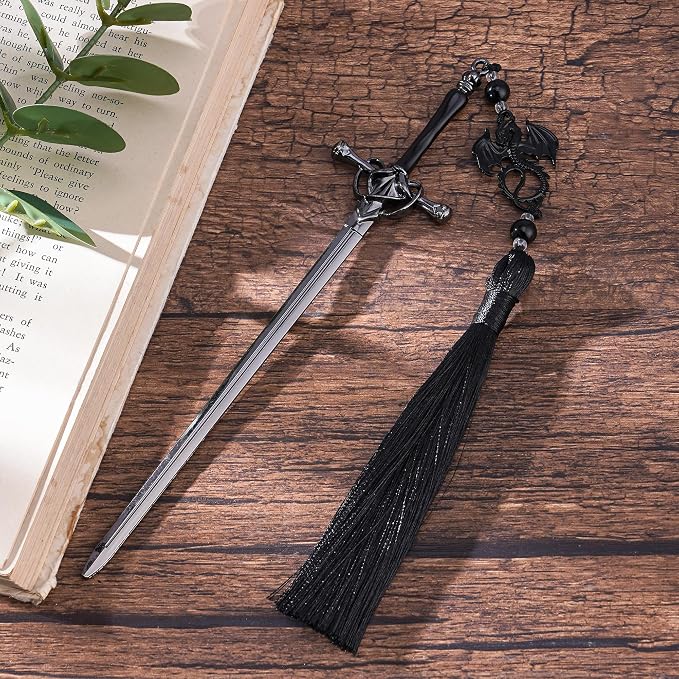 Fantasy Dragon Sword Bookmarks - Cool Fourth Wing Book Mark Gifts Reading Men Merch with Black Tassels Metal Page Markers Book Lovers Novel Fans Boy Bookish Student Teacher Birthday School