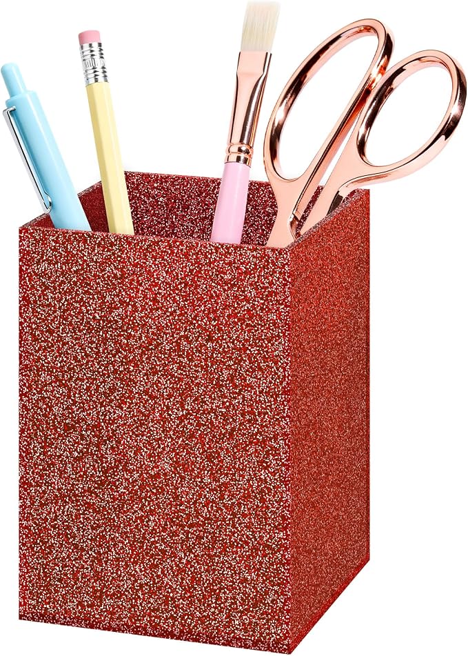 Red Glitter Acrylic Pen Holder, Acrylic Makeup Brush Storage Organizer, Pencil Pen Holder for Desk, Modern Desktop Accessories for Office School Home Supplies