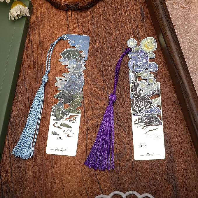 2 PCS Metal Bookmarks with Tassel, Starry Night Over The Rhone and Woman with a Parasol