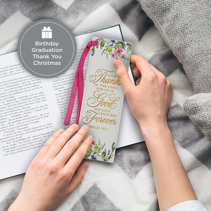 Christian Art Gifts Premium Vegan Leather Scripture Bookmark for Woman: Give Thanks - Psalm 107:1 Inspirational Bible Verse, Pink Satin Ribbon, Reading Accessory, Books, Bibles, White Floral with Gold