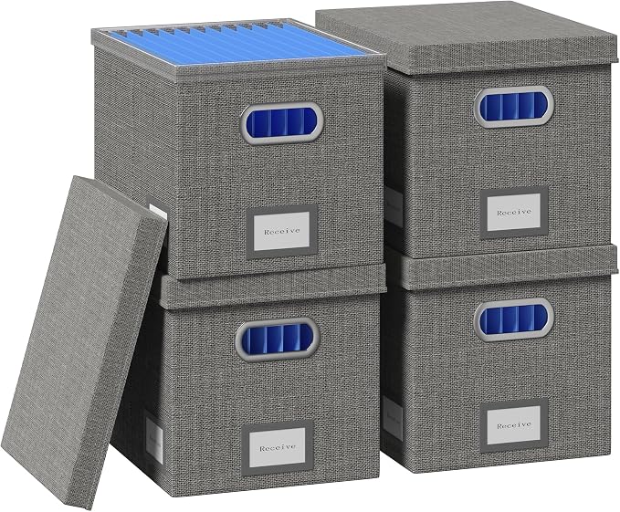 File Organizer Box - File Boxes for Hanging Files with Lid Set of 4 Decorative Hanging Folders Organizer with One-Piece Plastic Frame Slides (Grey, 13.2 * 10.1 * 10.1in(4Pack))