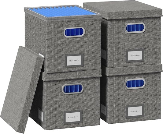 File Organizer Box - File Boxes for Hanging Files with Lid Set of 4 Decorative Hanging Folders Organizer with One-Piece Plastic Frame Slides (Grey, 13.2 * 10.1 * 10.1in(4Pack))
