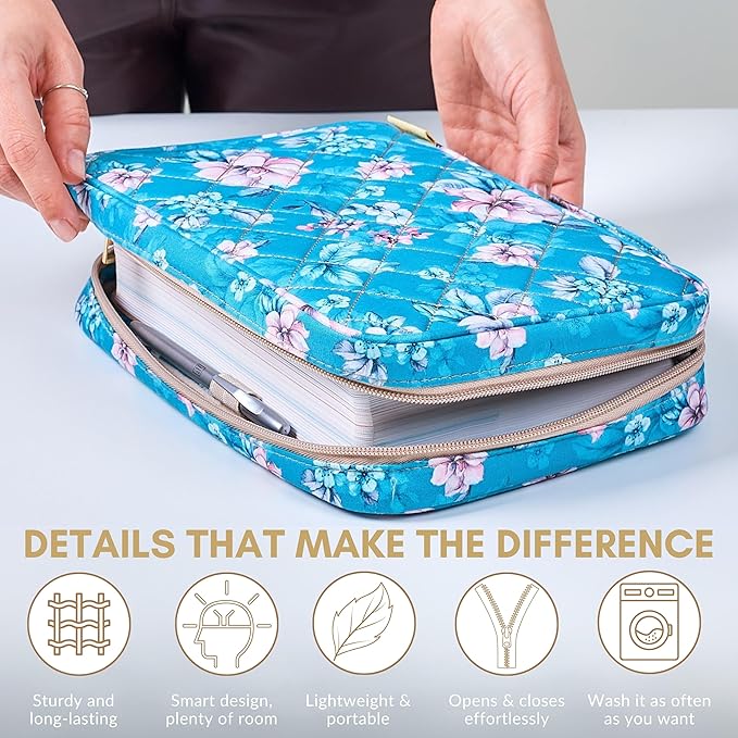 Quilted Bible Case for 6.5 X 9.5 inch Books, Bible Carrying Case for Women, Teal Bible Cover