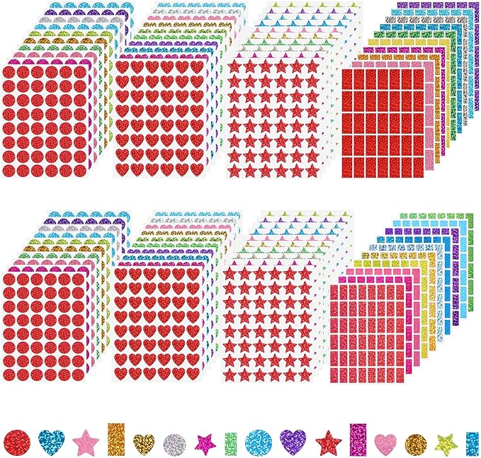 3320 Pcs Large Sparkly Multi Color Geometric Stickers 0.79&1.2in Round Heart Squares Star for Behavior Chart,Crafts Kids Reward DIY Student Classrooms Art Projects Offices