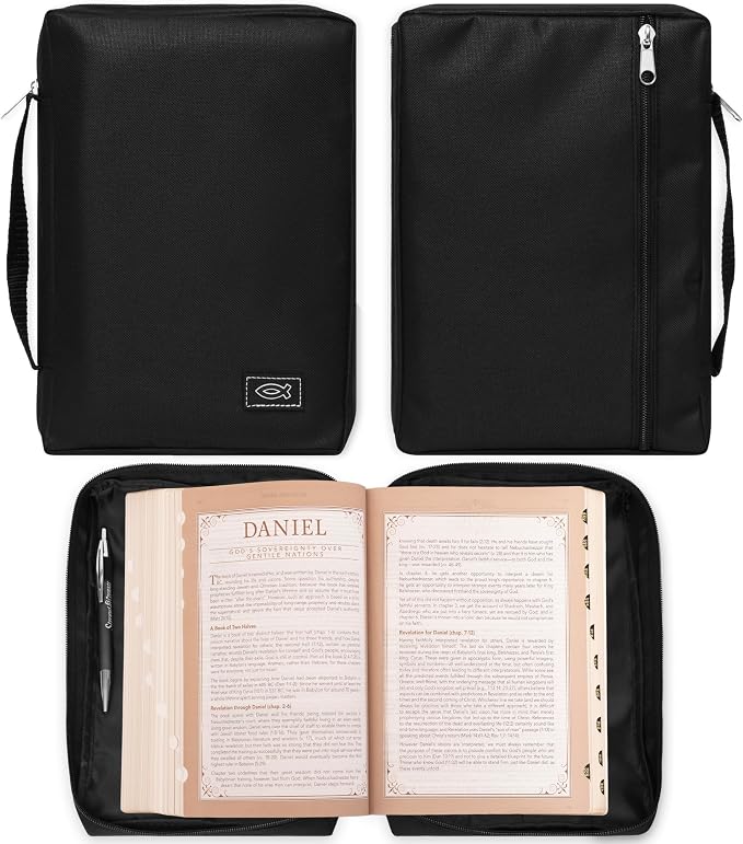Christian Art Gifts Men or Women's Bible Cover Secure Zipper Jesus Fish, Black Canvas, Medium