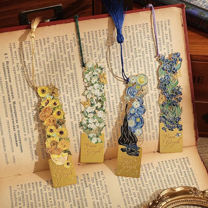 4 Pieces Bookmarks with Tassel, Golden Hollow Metal Bookmark Monet Oil Painting Theme Book Mark for Women Book Lovers Writers Readers Children Teenage Girls, (Flowers Style)