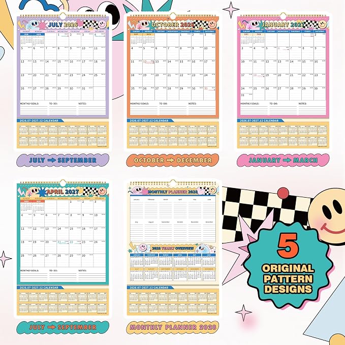 Ospelelf Wall Calendar 2026-2027 with Storage Pockets, 17" X 12" Monthly Large Planner Pad with Protective Cover and Stickers, for Family Fridge Office Teacher School, Use July 2026 to December 2027 Cartoon