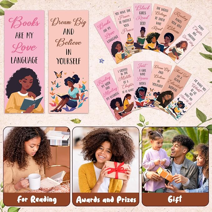 Laffact Book Tracker Bookmarks for Black Girls Women, 120Pcs African Americans Paper Bookmarks Bulk, 6.1”×2.4” Double-Sided Reading Page Marker, Bookish Gifts for Book Lover School Library Supplies