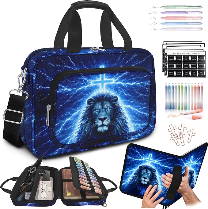 Lion Cross Large Bible Cover Case for Boys with Handle Zipper Pocket, Book Carrying Case with Pens Highlighters Cross Clips, Bible Study Supplies Journaling Kit, Christian Gifts for Men