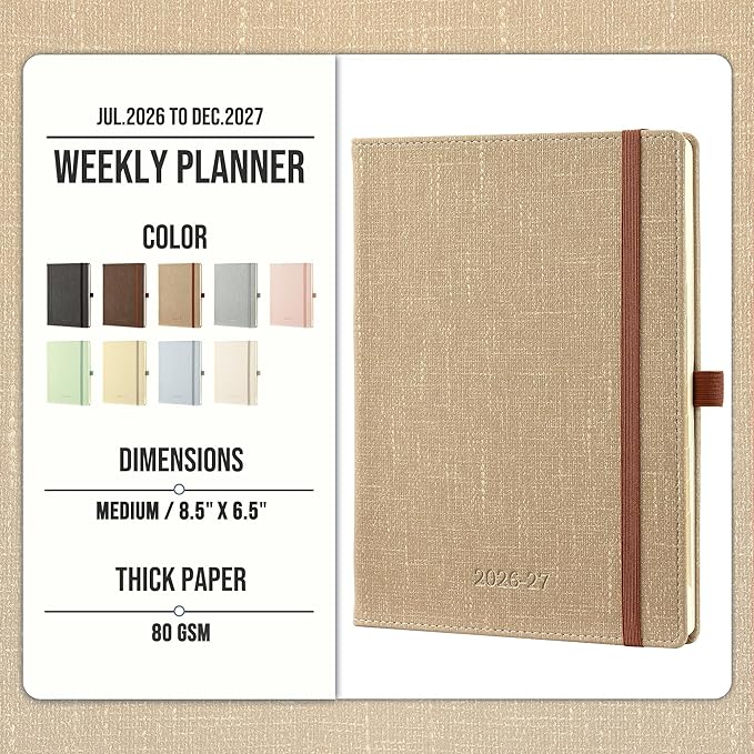 Planner 2026-2027 Weekly & Monthly Planner, 18 Month Academic Calendar July 2026 – Dec 2027, Horizontal Layout with Monthly Tabs, Textured Fabric Hardcover, Khaki
