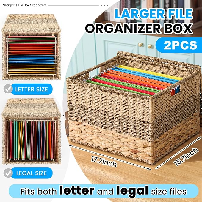 2pcs Large Decorative File Box 18 x 15 x 14 in Seagrass Hanging Organizer for Letter & Legal Size File Basket Hand Woven Filing Cabinet with Lid Collapsible Box for Home Office Decor, Water Hyacinth