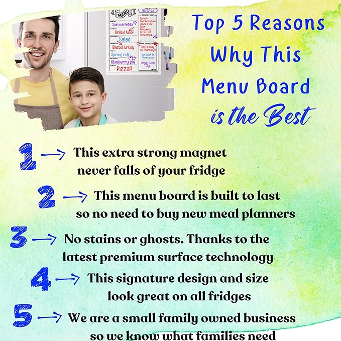 Magnetic Weekly Meal Planner for Fridge – 16” x 12” Dry Erase Menu Board with Grocery List & Notes – Stain-Resistant Whiteboard for Family Meal Planning Includes 3 Magnetic Markers & Eraser