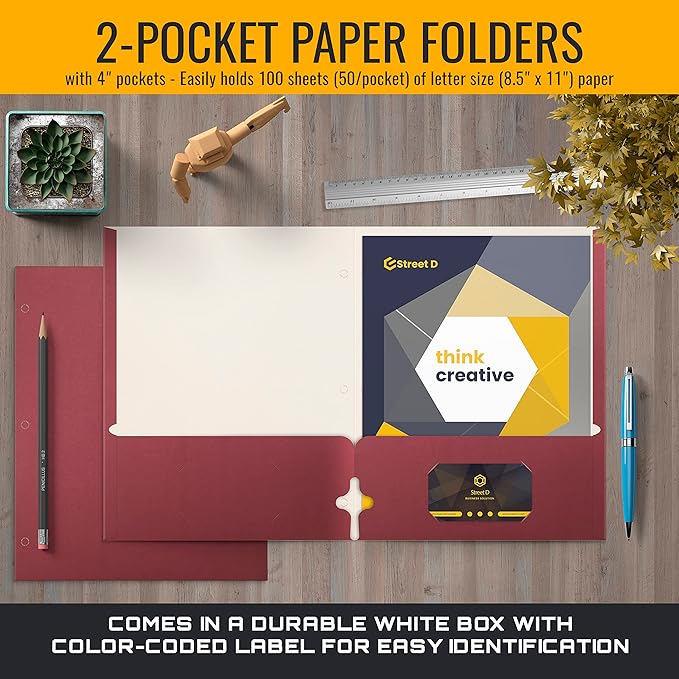 Better Office Products Two Pocket Portfolio Folders, 50-Pack, Burgundy, Letter Size Paper Folders, 50 Pieces, Burgundy