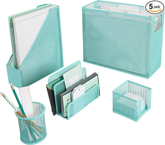 BLU MONACO Aqua Desk Organizer Set | 5-Piece Metal Office Supplies Set with Hanging File Organizer, Magazine Holder, Pen Cup, Sticky Note Holder & Letter Sorter | Cute Aqua Desk Accessories for Women