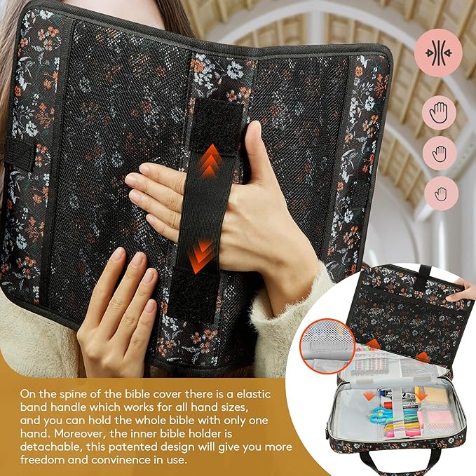 Derstuewe Bible Cover, Bible Cover Case for Women – Stylish & Durable Zippered Bible Bag with Handle & Pocket, Fits Standard & Large Bibles, Perfect for Church, Travel, Study & Gifts, Black Flower