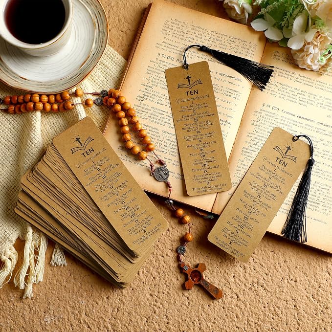 Skyygemm 120 Pcs Ten Commandments Bookmark with Tassel Bible Verse Religious Markers Bulk Christian Retro Kraft Paper Ten Commandments Bookmark Inspirational Church Supplies for Women Men Office