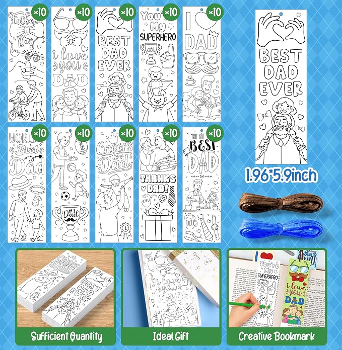 100 Pcs Father's Day Color Your Own Bookmarks for Kids, Bulk Dad DIY Coloring Blank Bookmarks with Ribbons, School Classroom Home Art Crafts Kits Activity, Happy Father's Day Gifts from Daughter Son