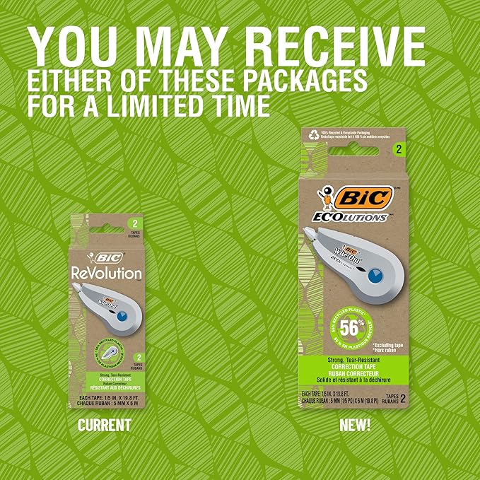 BIC Ecolutions Wite-Out Brand Correction Tape, 19.6 Feet, 2-Count Pack, Correction Tape Made from 56% Recycled Plastic Excluding Tape