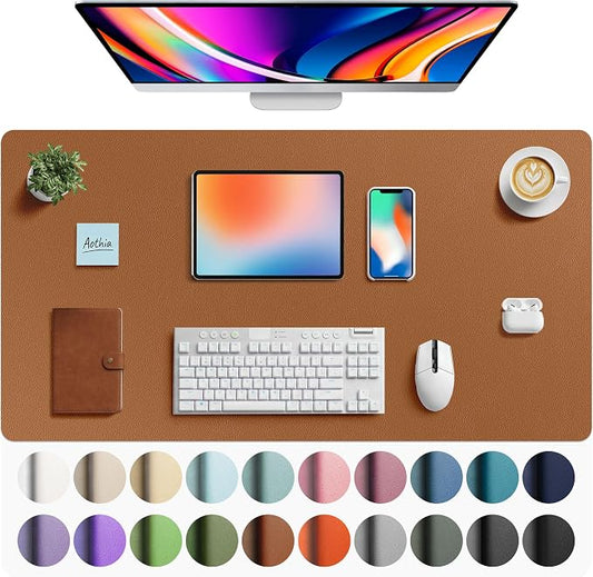Aothia Faux Leather Desk Mat - Large Mouse Pad, Non-Slip PU Leather Blotter, Waterproof Writing Surface for Office and Home (Brown, 40" x 24")