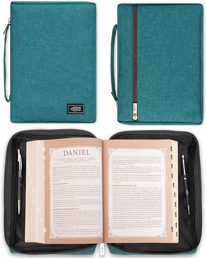 Christian Art Gifts Men/Women's Bible Cover Jesus Fish, Teal Canvas, Medium