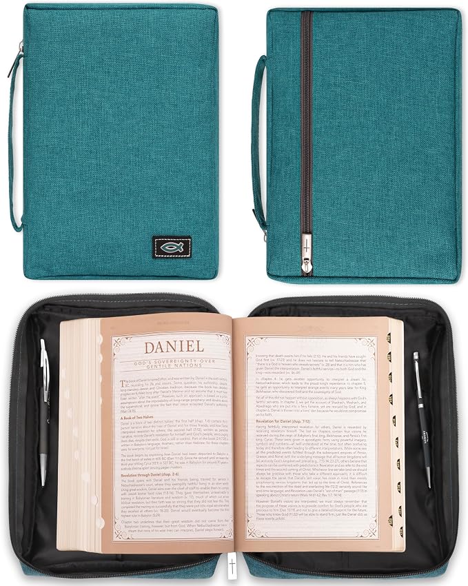 Christian Art Gifts Men & Women’s Bible Cover – Jesus Fish Symbol, Teal Canvas, Large Size – Durable Zipper Case with Handle, Pen Loop, Interior & Exterior Pockets, Easy-Clean Protective Bible Bag