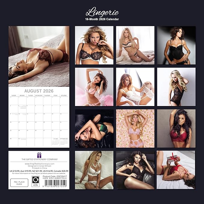 2026 Square Wall Calendar - Liń‎gerie 12 x 12 Inch Monthly View, 16-Month, Unveiled Theme, Includes 180 Reminder Stickers
