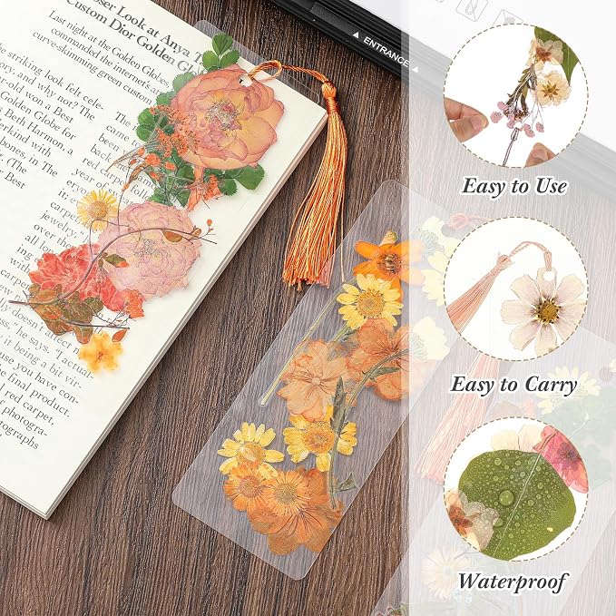 Fuyoooo 376 Pcs Dried Flower Bookmark Making Kit, DIY Bookmark Laminating Pouches with Tassels and Puncher, Handmade Craft Kit for Women, DIY Gifts for Book Lovers (Orange Yellow,2 x 6 Inch)