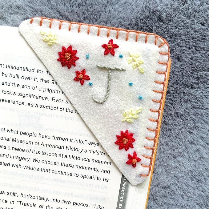 Personalized Hand Embroidered Corner Bookmark, Cute Flower Book Mark, Hand Stitch Gift for Women Book Lovers (J, White)