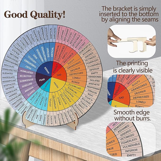 Feelings Wheel Therapy Office Decor, 9.7 Inches Diameter Large Double Sided Mental Health Decor Emotion Wheel with Stand, Wooden Coping Wheel Chart Gifts for School, Therapy Office, 2025 Upgrade