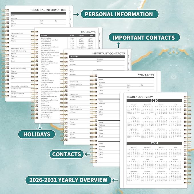2026-2031 Monthly Planner - 5 Year Planner/Calendar 2026-2031 Spiral Bound, July. 2026 - June. 2031, 6.3" x 8.4", Twin-Wire Binding + Tabs - Green