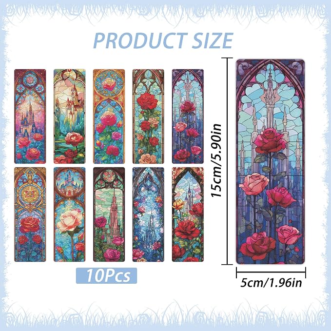 10 Pcs Stained Glass Rose Castle Bookmarks, Aesthetic Transparent PVC Flower Book Mark Set, Matte Frosted Bookmark Gift for Women Girls Readers and Bookworms (6 x 2 Inch)