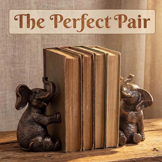 Elephant Bookends with Non-Slip Padding - Heavy Duty Book Ends for Shelves - Gold Decorative Bookend Unique - Vintage Animal Holders for Heavy Books - Living Room Bookshelf Decor - 4 x 4 x 7 Inches
