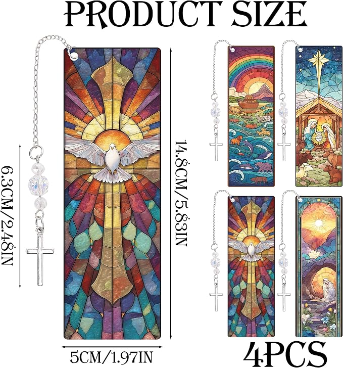 Christian Religious Bookmark Gifts - 4 Pcs Catholic Stained Glass Bookmarks for Women Book Lovers Pendant Tassels Beaded Page Marks Reading Accessories Bookish Gift for Birthday Sunday Church