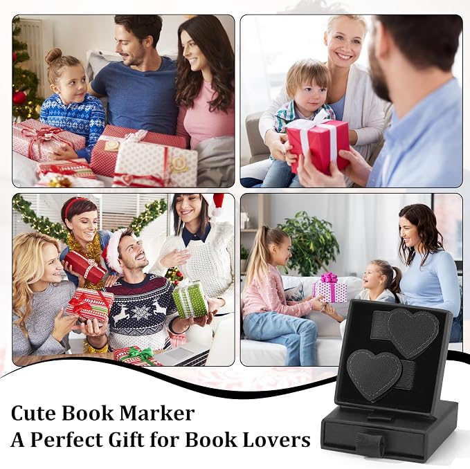 2Pcs Magnetic Leather Heart Bookmarks with Pen Holder, Cute Book Markers Clip with Gift Box, Reading Accessories for Book Lovers Women Teachers Students, Black