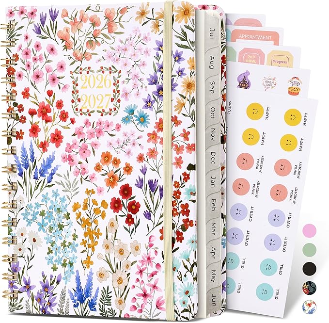 JoyCat Academic Planner 2026-2027, July 2026 - June 2027, A5 Weekly & Monthly Planner, Hardcover Agenda with Tabs, 5 Sticker Sheets, Elastic Closure & Pocket for Teachers & Students, 6.3" x 8.5", Wildflowers
