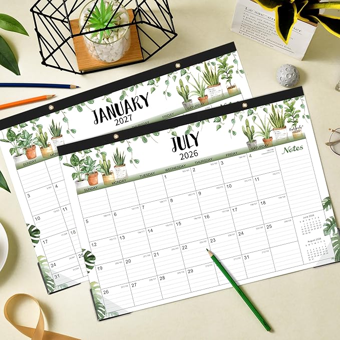 Desk Calendar 2026-2027 - 2026-2027 Desk Calendar, 18 Monthly Desk/Wall Calendar 2-in-1, 17" x 12", July 2026 - December 2027, Thick Paper with Corner Protectors, Large Ruled Blocks - Plants