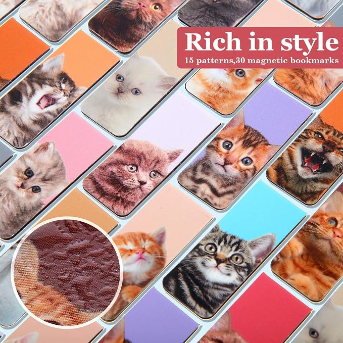 Zonon 30 Pieces Cats Magnetic Bookmarks Cute Cats Markers Pets Magnetic Page Clips Bookmark for Students Teachers School Home Office Reading Stationery, 15 Designs