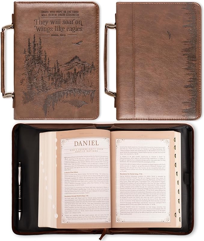 Christian Art Gifts Men's Classic Bible Cover On Wings Like Eagles Mountain Isaiah 40:31, Brown Faux Leather, Medium