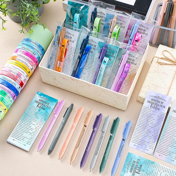 Feifeiya 25 Sets Spanish Christian Gifts Bulk, Bible Emergency Numbers Bookmarks, Scripture Wristbands and Pens, VBS Church Favors, Religious Graduation Gifts, Fathers Day Church for Men Women