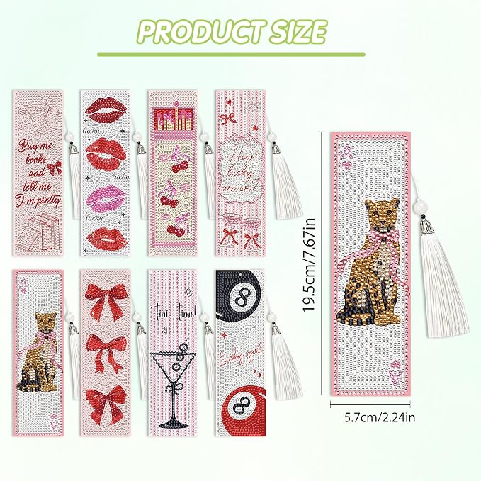 Y2K Coquette Diamond Art Bookmarks, 8 Pcs Pink Bow Leopard Diamond Painting Bookmark Kits for Adults Lucky 8 Ball Design, DIY Girly Aesthetic Book Marks with Tassels for Reading Lover Gifts