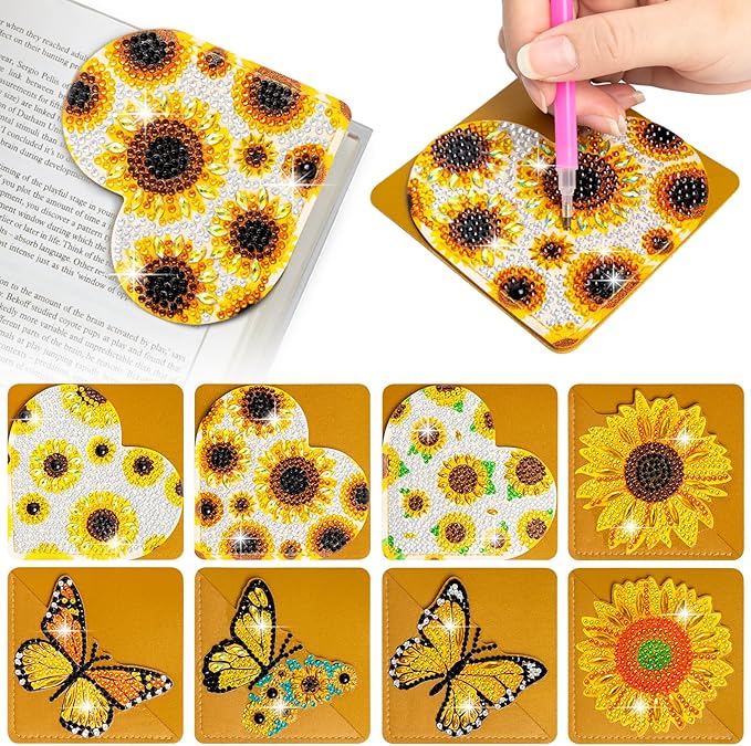 WIVICO 8 pcs Diamond Painting Bookmarks, DIY Diamond Art Kits for Adults, Book Corner - Protecting Bookmark Craft Supplies Kits for Book Lovers（Sunflower）