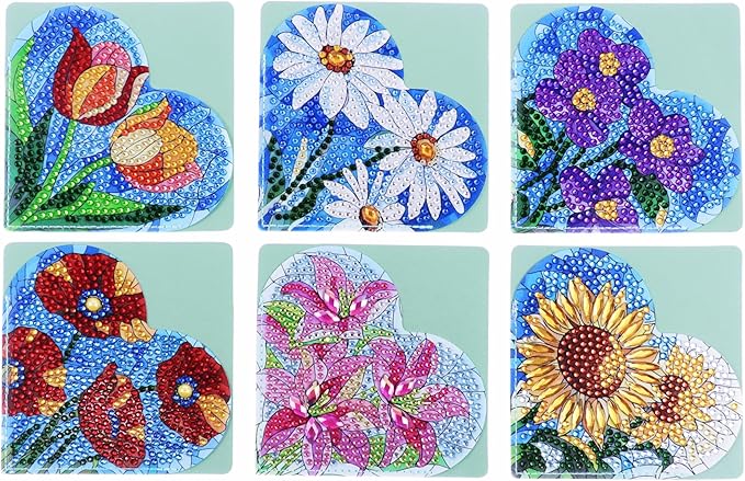 VI-FA 6 Pcs Diamond Painting Bookmark Kit, DIY Corner Book Marks for Adults Kids, Diamond Dot Art Craft Kits for Beginners, Birthday Gifts for Book Lovers Women Girls(Heart Flower)