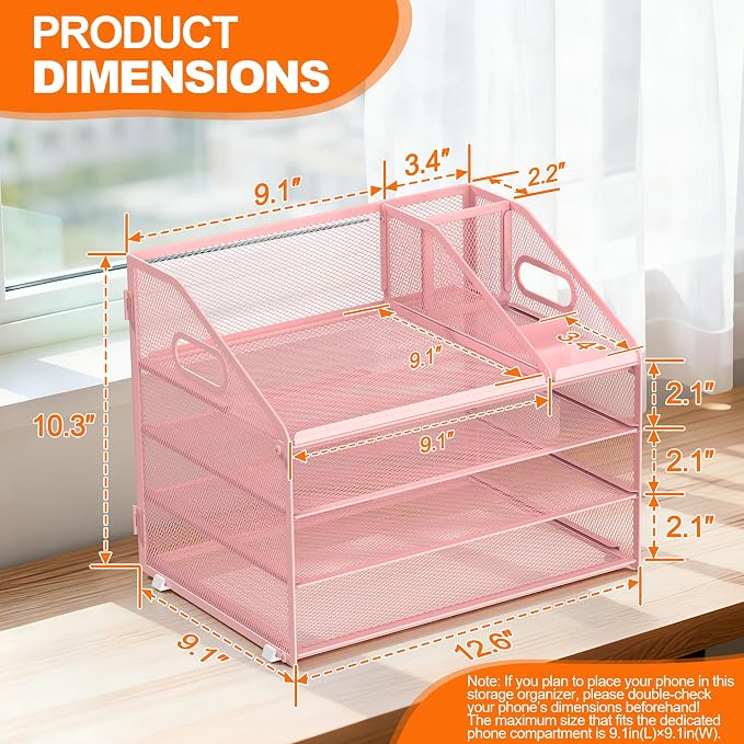 DocNest 4 Tier Metal Mesh Letter Tray - Space Saving Desk File Organizer with Handle, Pen Holder & Folder Holder - Desktop Document Sorter for Office, Home, School, Classroom - Pink