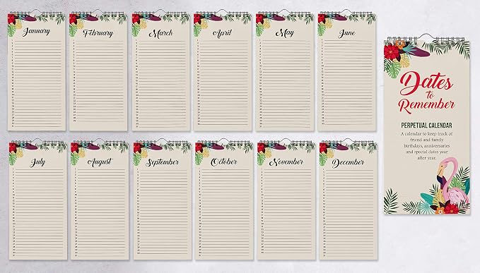 Flamingo & Floral Rustic Perpetual Calendar Birthday Wall Hanging Anniversary Special Event Reminder Calendar Book Journal Stationary Wall Hanging Birthday Gift Card Planner Organizer