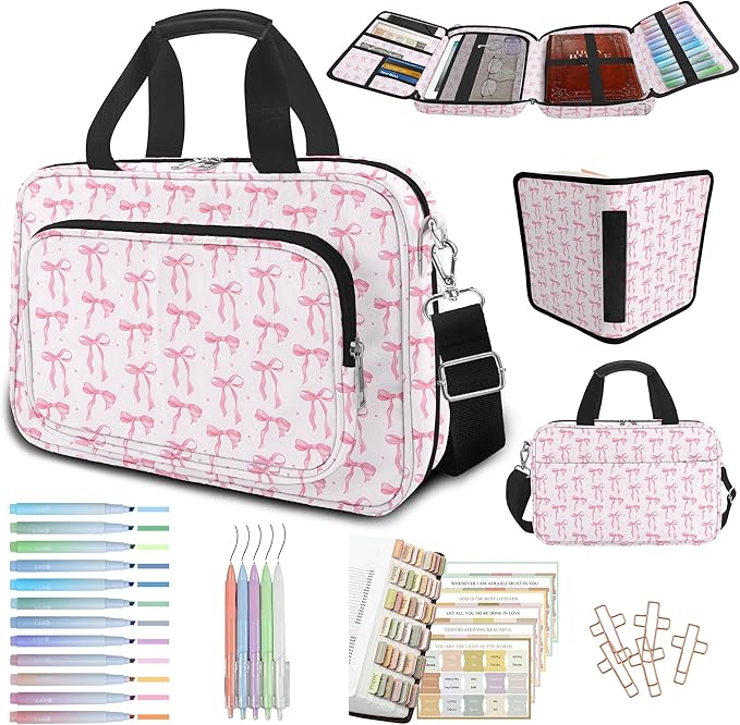 Pink Bow Bible Cover Case for Women Girls Cute Large Bible Bag with Handle Shoulder Strap Book Carrying Bags with Tabs 5 Pens 12 Highlighters Christian Church Study Supplies Accessories Gifts