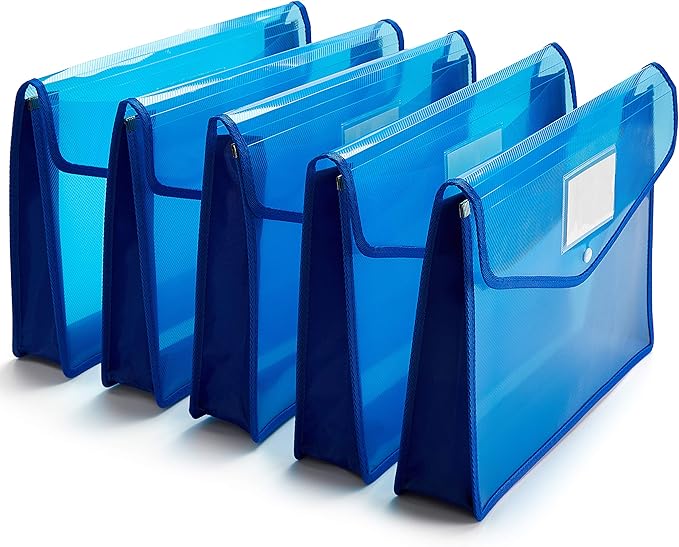 Plastic Wallet Folder Envelope Poly Envelope Expandable File Wallet Document Folder with Snap Button Closure, Legal Size, 5 Pack Large Waterproof Accordion File Pouch (Blue)