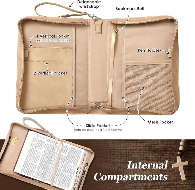 Leather Bible Cover Case for Women – Large Book Case with Handle and Pockets, Floral Book Cover, Bible Protector for Study or Church, Christian Gift for Girls and Women-Light Brown