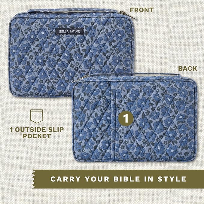 Bella Taylor Small Bible Cover for Women - Quilted Cotton Bible Case for 6 x 9 inch Books - Navy Floral