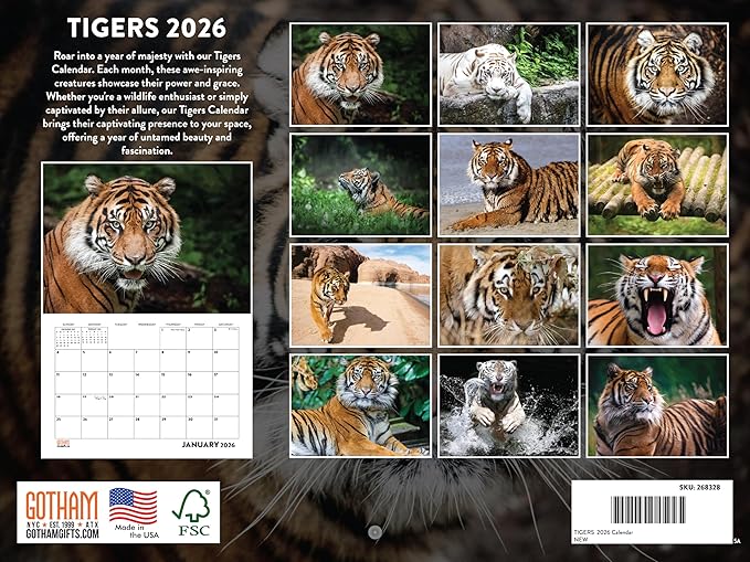 Tiger Calendar 2026 Monthly Wall Calender 12 Month | American Made In The USA